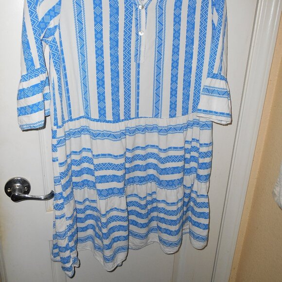 BLUE & WHITE VISCOSE MINI DRESS SWIM COVER RUFFLE HEM BOHO SIZE 5 MADE IN ITALY - Picture 2 of 13